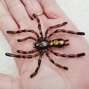 Spider brown enamel BIG Crystals stones Halloween brooch pendant New realistic